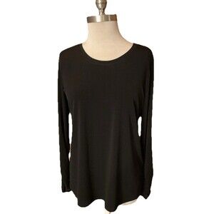 Susan Graver Liquid Knit Black Top Shirt Rouched Sleeves Capsule Wardrobe Small